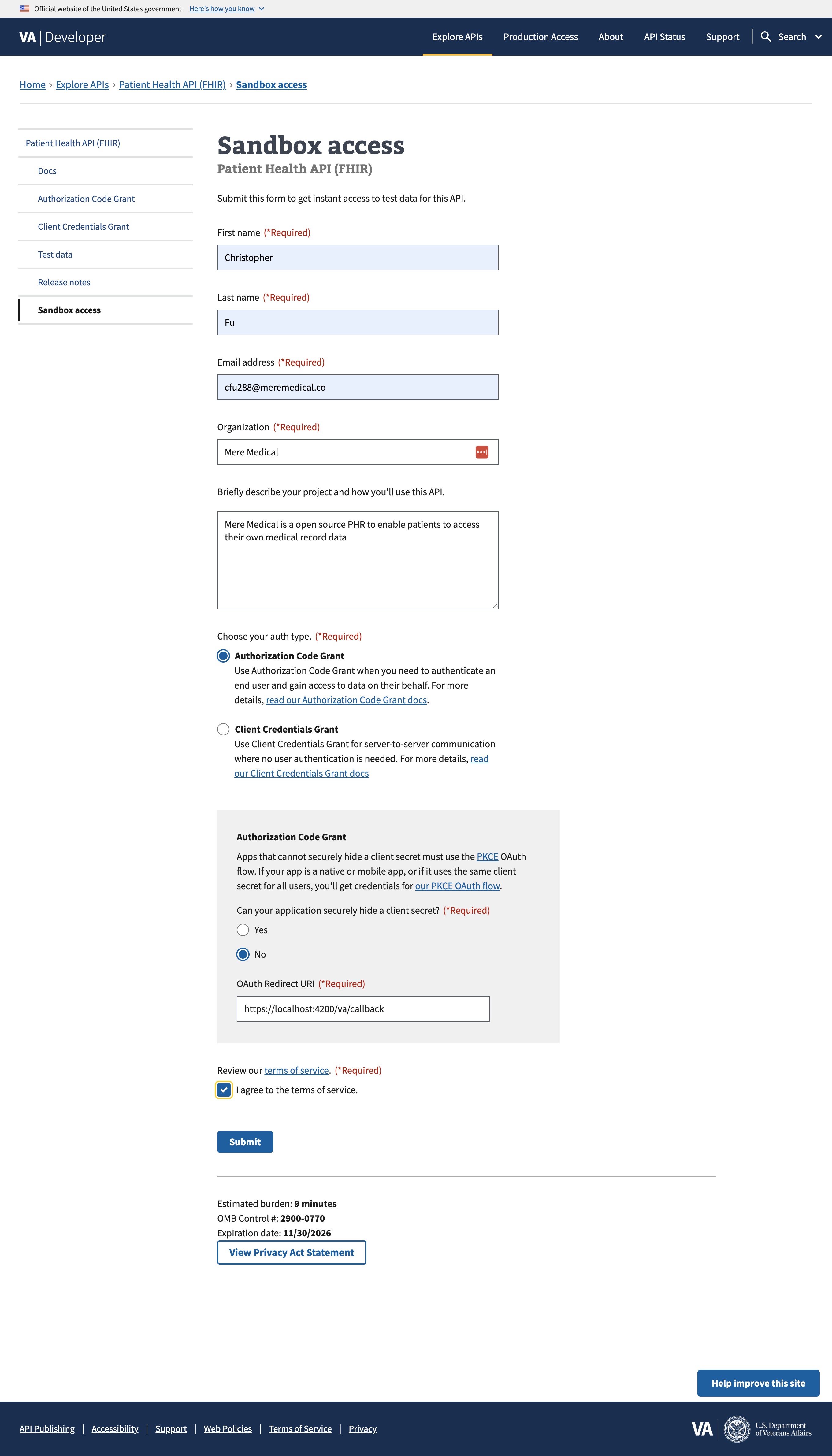 VA Sandbox Access Form